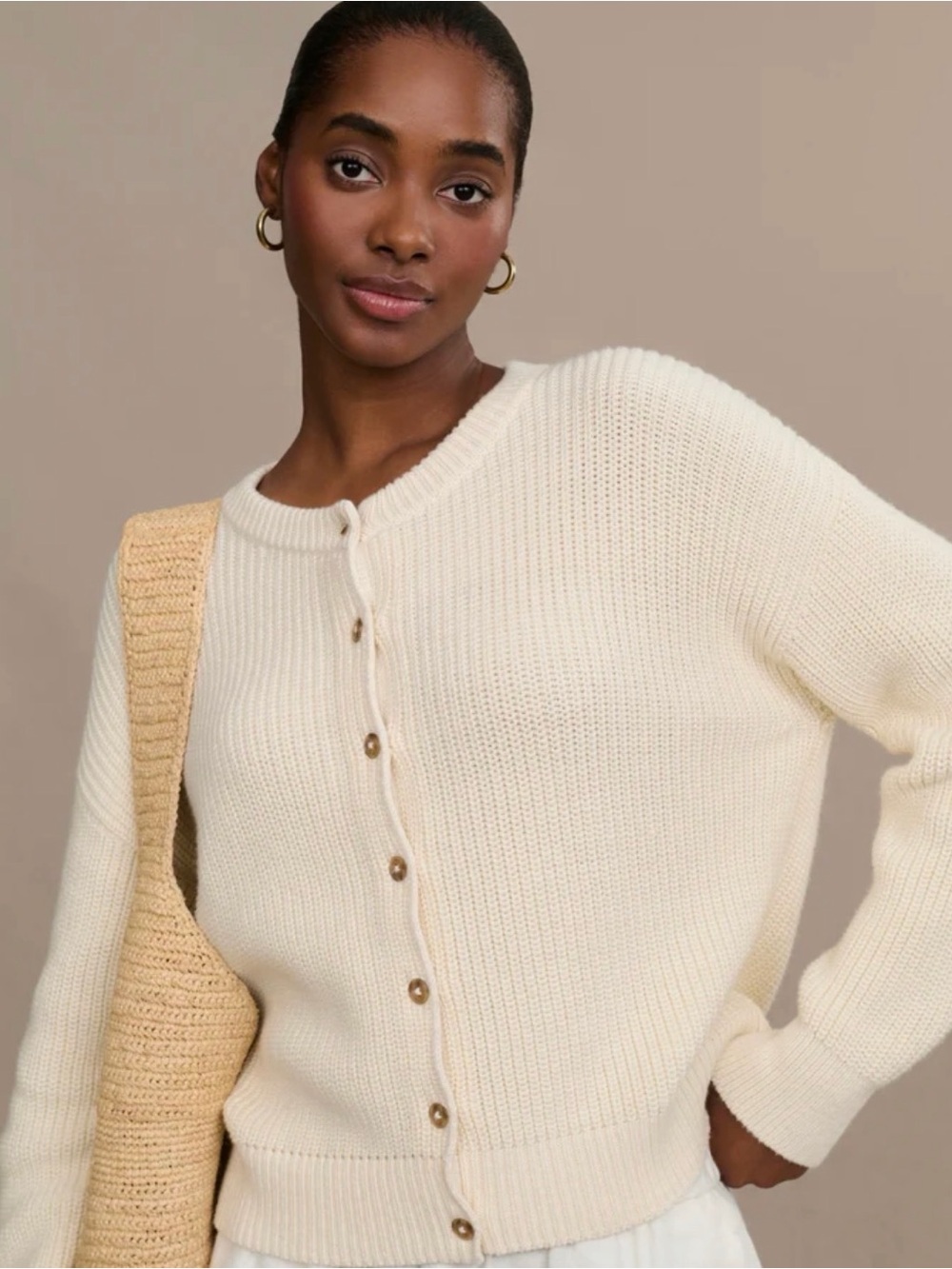 Jenni Kayne Cream Cotton Hayes Crewneck Cardigan